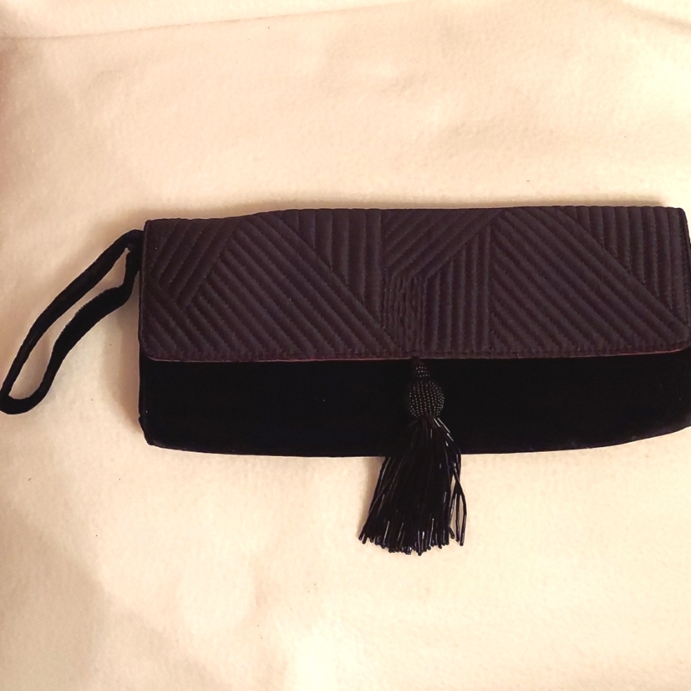 Velvet Clutch Bag, Beaded Tassel, Foldover w/ Quilted Asian‎ Vibe, Snap Closure